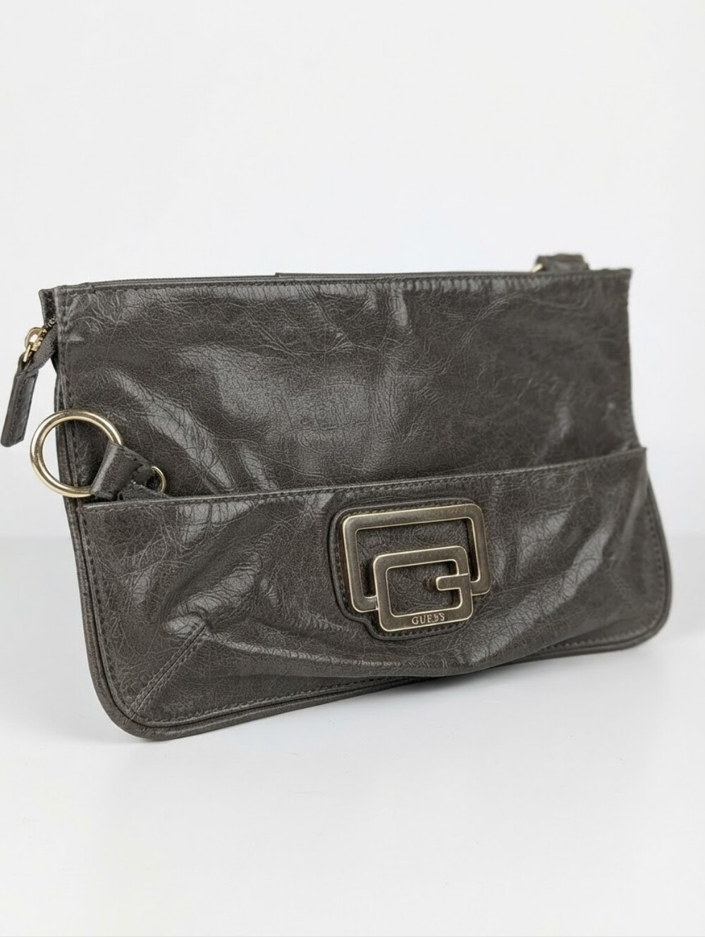 GUESS Gray Crinkled Faux Leather Bag / Clutch with Gold Logo Hardware